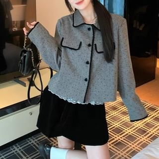 KUMI-Collared Contrast Trim Button-Up Jacket Long-Sleeve Top Mini Skirt