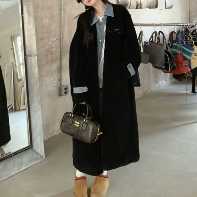 KUMI-Collared Denim Panel Long Coat