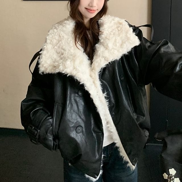 KUMI-Collared Fleece-Lined Faux Leather Double Breasted Jacket
