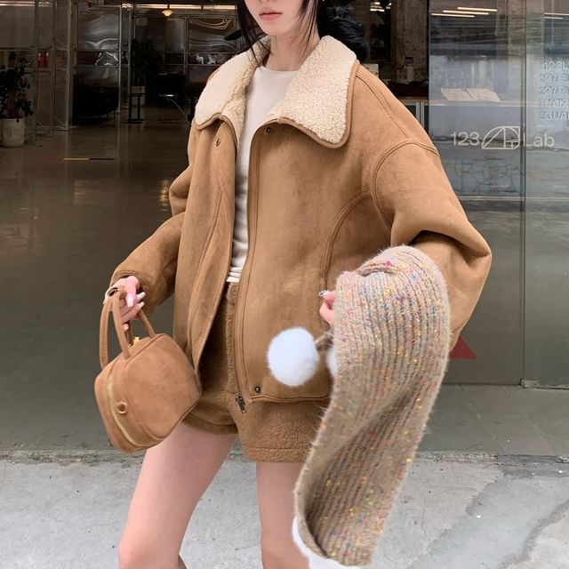 KUMI-Collared Fleece-Lined Zip-Up Faux Suede Barn Jacket
