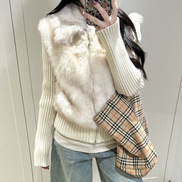 KUMI-Collared Fluffy Panel Zip-Up Cardigan