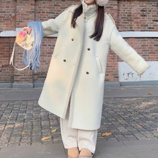 KUMI-Collared Plain Faux Shearling Midi Double Breasted Coat