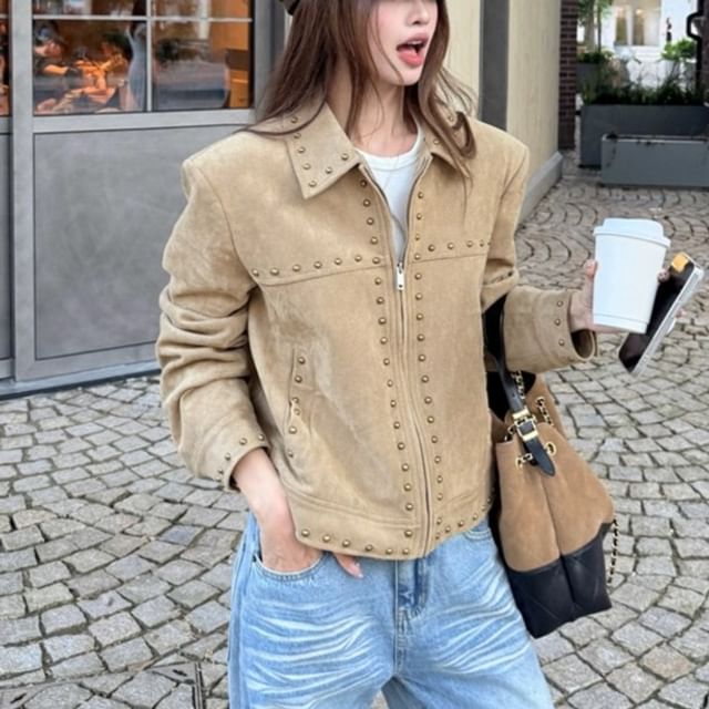 KUMI-Collared Plain Studded Panel Faux Suede Zip Jacket