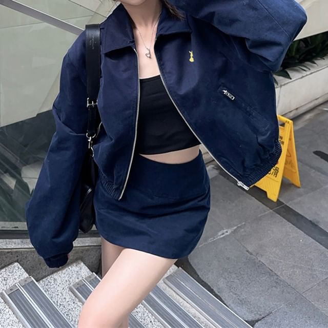 KUMI-Collared Plain Zip Jacket High Waist Mini A-Line Skirt