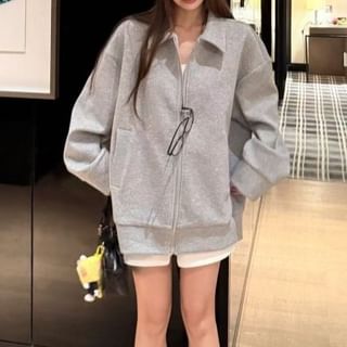 KUMI-Collared Plain Zip Jacket