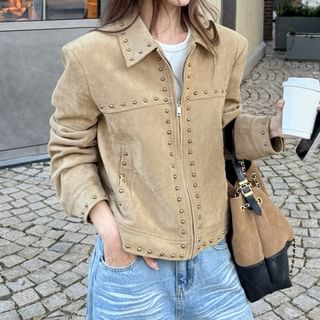 KUMI-Collared Studded Zip-Up Faux Suede Jacket