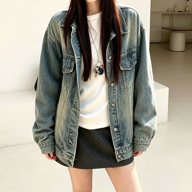 KUMI-Collared Washed Button-Up Oversized Denim Jacket
