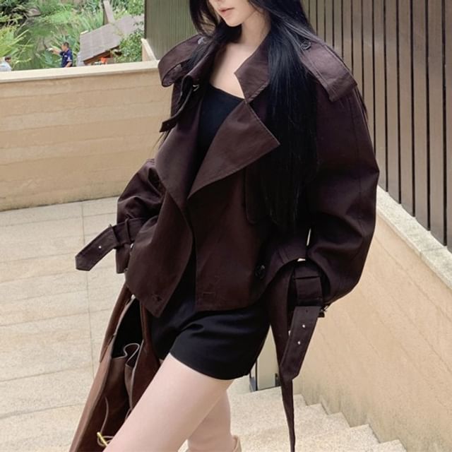 KUMI-Collared Zip-Up Plain Crop Jacket