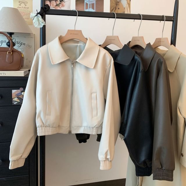 KUMI-Collared Zip-Up Plain Faux Leather Crop Jacket