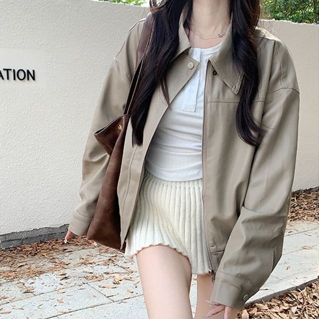KUMI-Collared Zip-Up Plain Faux Leather Jacket