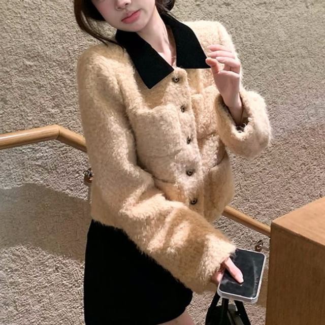 KUMI-Contrast Collar Boucle Button Jacket