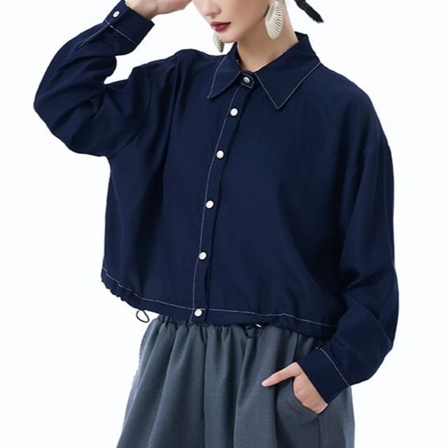 KUMI-Contrast Stitching Drawstring Hem Shacket