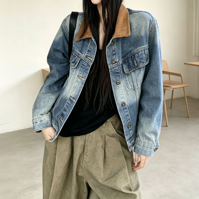 KUMI-Corduroy Collared Washed Button-Up Oversized Denim Jacket