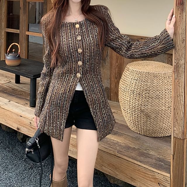 KUMI-Crew Neck Button-Up Tweed Slit Jacket