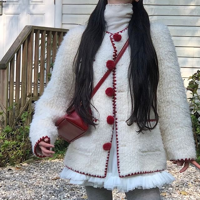 KUMI-Crew Neck Contrast Trim Fluffy Button-Up Jacket