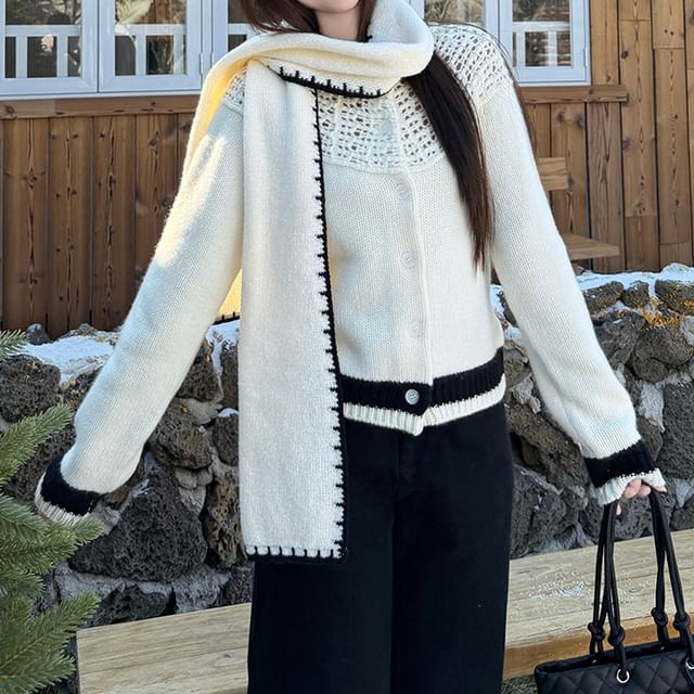 KUMI-Crew Neck Contrast Trim Perforated Button-Up Cardigan