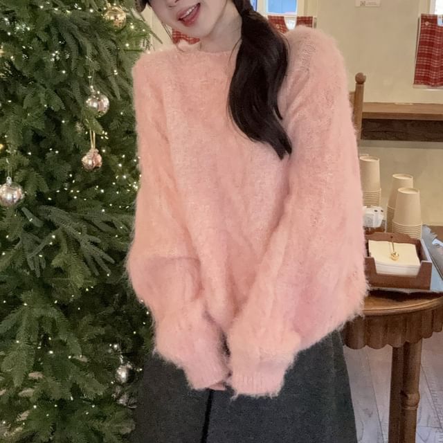 KUMI-Crew Neck Plain Cable Knit Sweater