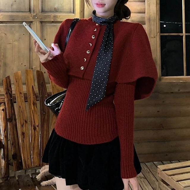 KUMI-Crew Neck Plain Cropped Single-Breasted Capelet Ribbed Sweater