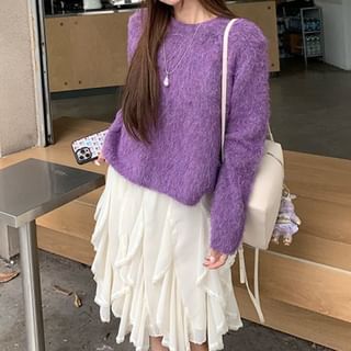 KUMI-Crew Neck Plain Fluffy Sweater