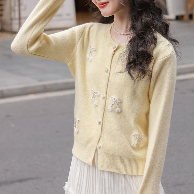 KUMI-Crew Neck Sequin Faux Pearl Accent Button-Up Cardigan
