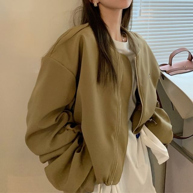KUMI-Crewneck Plain Zip-Up Bomber Jacket