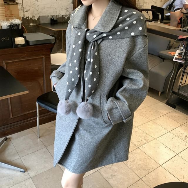 KUMI-Dotted Pom Pom Capelet Plain Long Double-Breasted Coat
