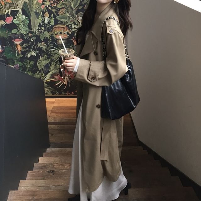 KUMI-Double Breasted Plain Long Trench Coat