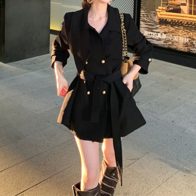 KUMI-Double Breasted Plain Trench Jacket