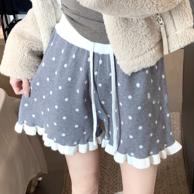 KUMI-Drawstring Waist Dotted Frill Knit Shorts