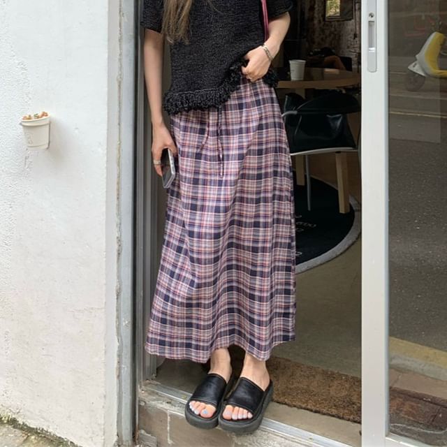 KUMI-Drawstring Waist Plaid Maxi A-Line Skirt