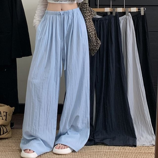 KUMI-Drawstring Waist Plain Baggy Pants