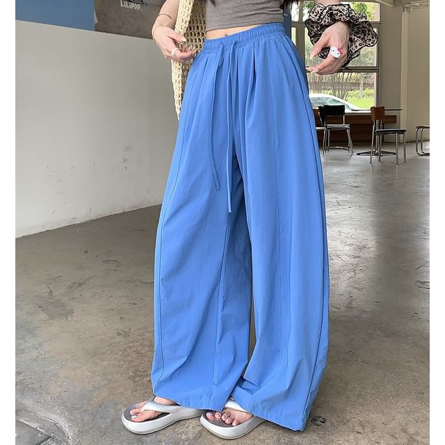 KUMI-Drawstring Waist Plain Barrel Leg Pants