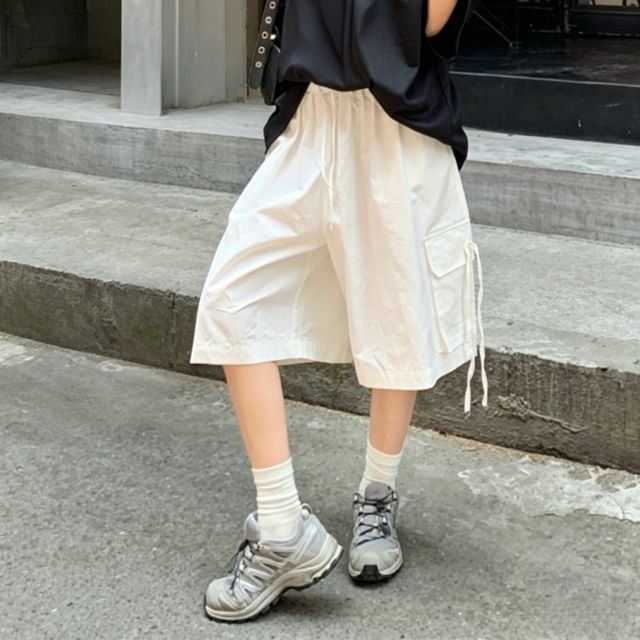 KUMI-Drawstring Waist Plain Cargo Shorts