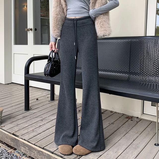 KUMI-Drawstring Waist Plain Flared Pants
