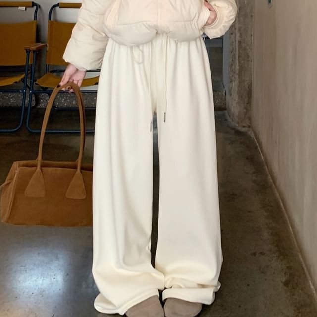 KUMI-Drawstring Waist Plain Fleece-Lined Baggy Pants