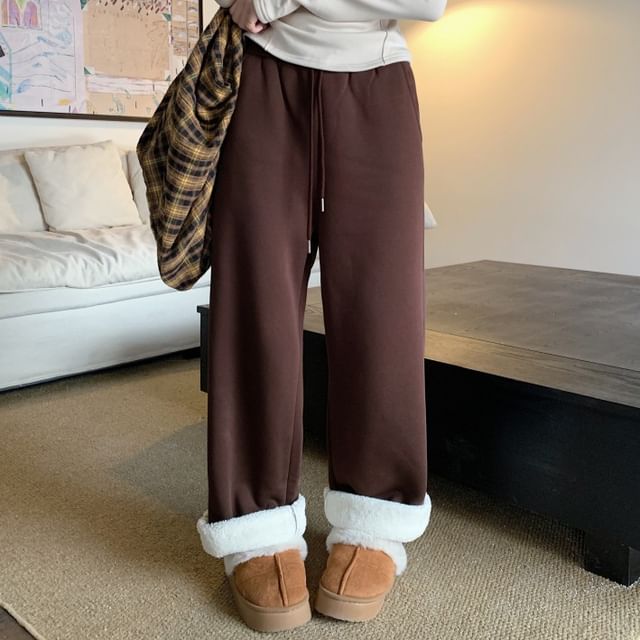 KUMI-Drawstring Waist Plain Fleece-Lined Wide Leg Sweatpants