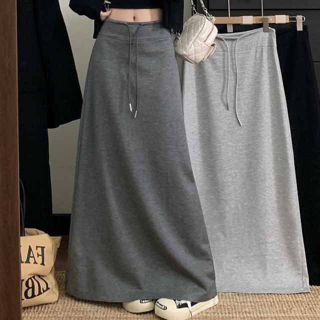 KUMI-Drawstring Waist Plain Maxi A-Line Skirt