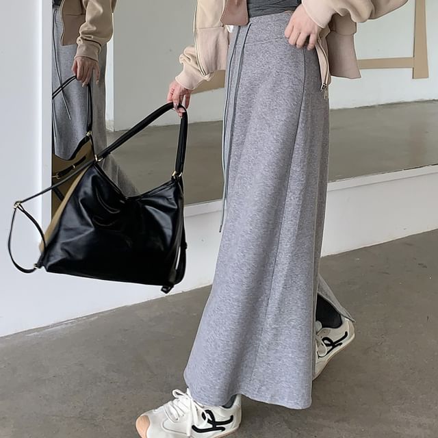 KUMI-Drawstring Waist Plain Maxi A-Line Skirt