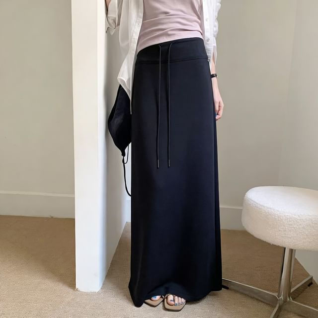 KUMI-Drawstring Waist Plain Maxi A-Line Skirt