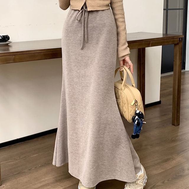 KUMI-Drawstring Waist Plain Maxi Fishtail Skirt