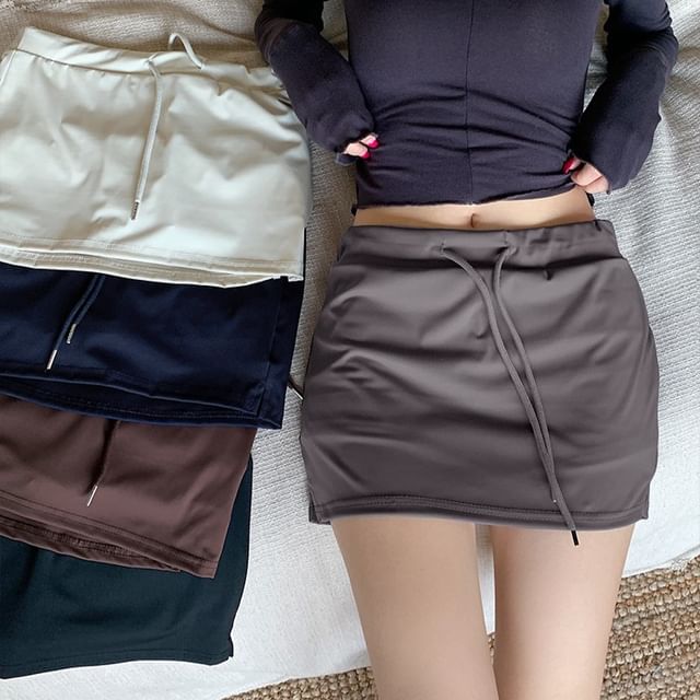 KUMI-Drawstring Waist Plain Mini Pencil Skirt