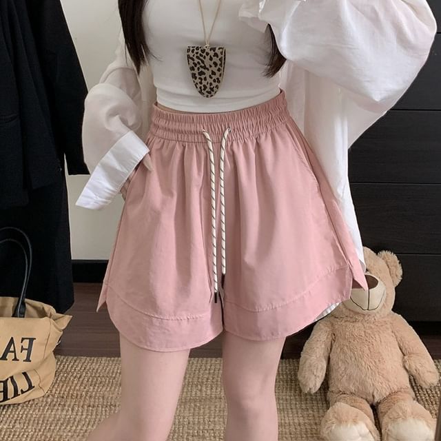 KUMI-Drawstring Waist Plain Shorts