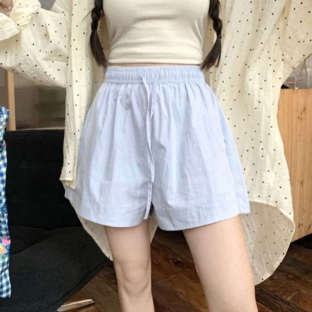KUMI-Drawstring Waist Plain Shorts