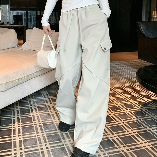 KUMI-Drawstring Waist Plain Wide Leg Cargo Pants