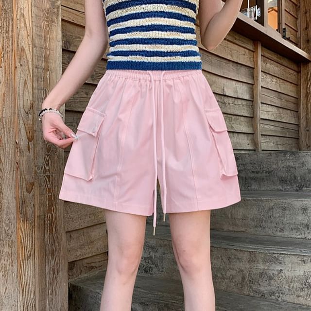 KUMI-Drawstring Waist Plain Wide Leg Cargo Shorts