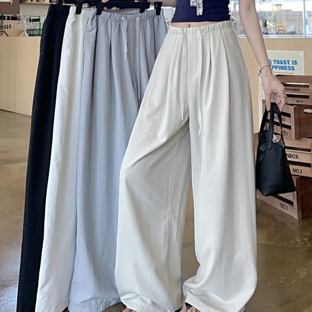 KUMI-Drawstring Waist Plain Wide Leg Pants