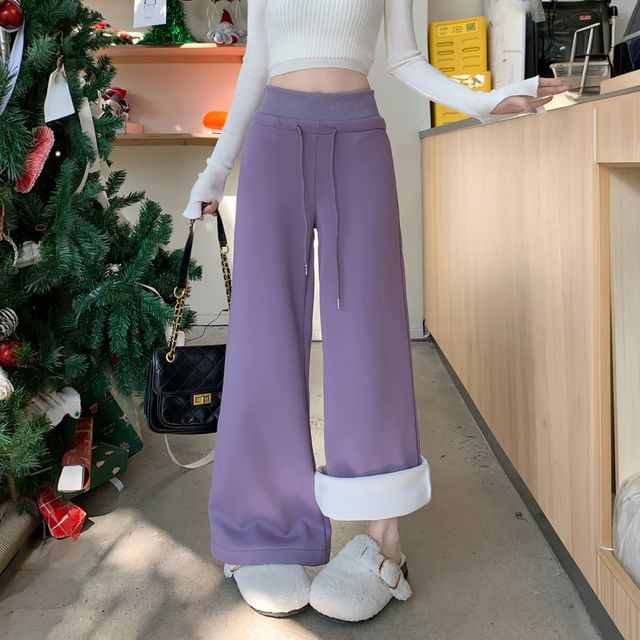 KUMI-Drawstring Waist Plain Wide Leg Pants