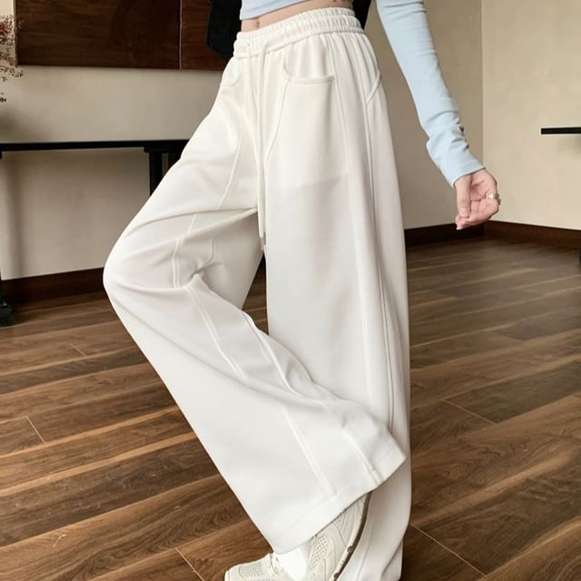 KUMI-Drawstring Waist Plain Wide Leg Sweatpants