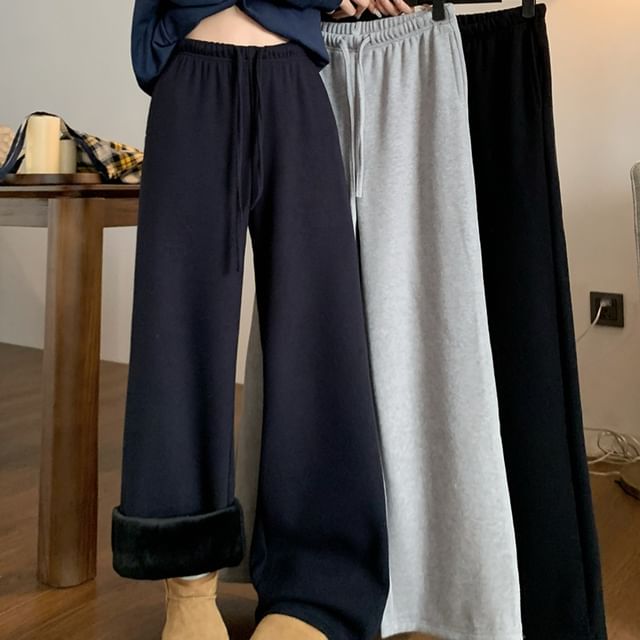 KUMI-Drawstring Waist Plain Wide Leg Sweatpants