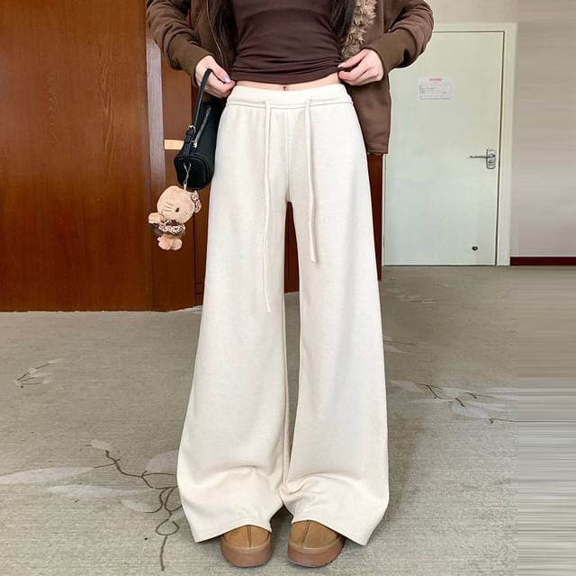 KUMI-Drawstring Waist Plain Wide Leg Sweatpants